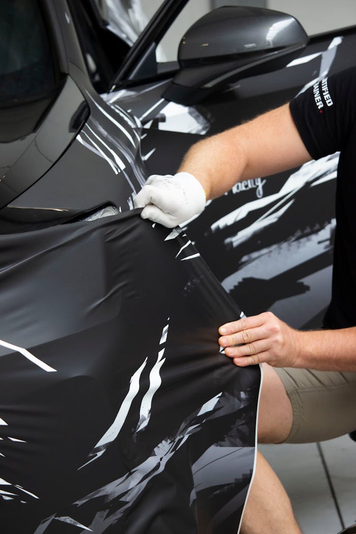 Man working in a garage, applying a vinyl wrap to a vehicle for customization.